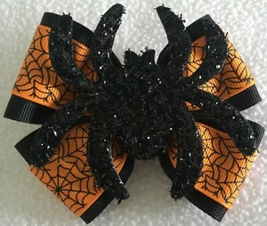 Mädchen Haarschleife 4" breit schwarz orange Spinnennetz groß schwarz Spinne Pferdeschwanz Halter - Bild 1 von 2