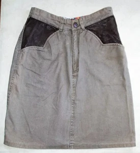 VINTAGE JOUJOU KHAKI SKIRT WITH FAUX LEATHER INSERTS BACK SLIT SIZE 11/12 EU 42 - Picture 1 of 8