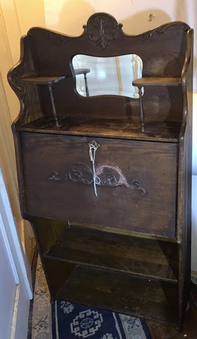 Antique Oak Larkin Secretary Desk With Beveled Mirror Cover