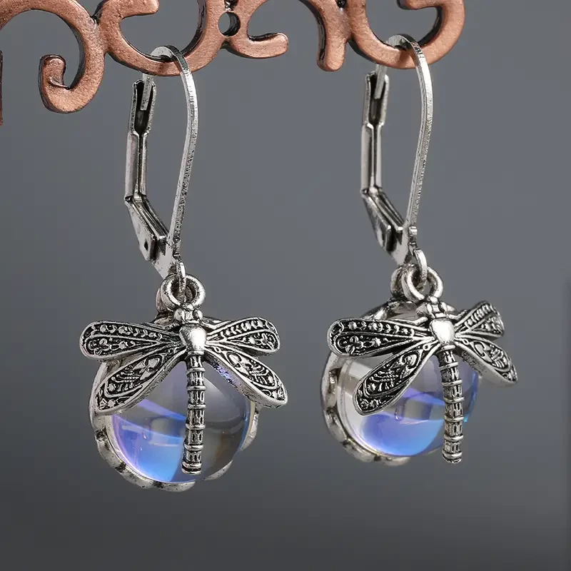 Retro Silvery Earrings Women Vintage Boho Dragonfly Dangle Jewelry White Fashion