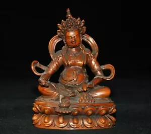 5" Tibet Boxwood wood Hand carved Buddhism Yellow Jambhala King Buddha Statue - Picture 1 of 5
