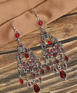 Red Earrings Long Dangle Drop Rhinestone Chandelier  Silver Crystal Pageant - Picture 1 of 2