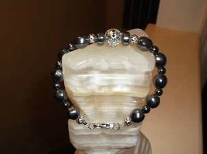 MEN'S HANDMADE 8 3/4" 10 MM BLACK HEMATITE STERLING SILVER BEADED BRACELET - Picture 1 of 8