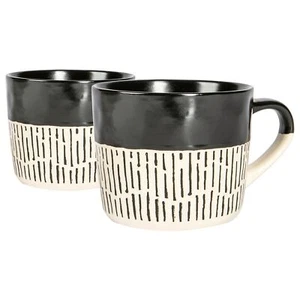 2x Black 450ml Dipped Dash Stoneware Coffee Mugs Drinking Drink Tea Cup Set - Picture 1 of 7