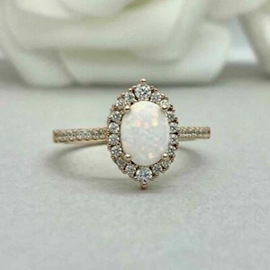 3Ct Oval Cut Natural Fire Opal & Diamond Halo Engagement Ring 14K Rose Gold Over - Picture 1 of 5