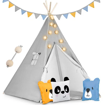 RICOKIDS Tipi Zelt Spielzelt Baumwolle Kinderzelt mit Kissen Matte Lichterkette Nukido