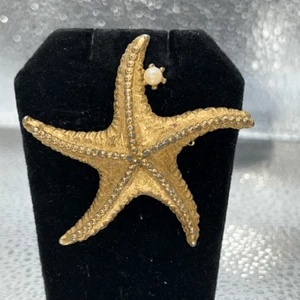 Chunky Starfish Sea Star Brooch Classic Nautical Gold Tone Faux Pearl Regency - Picture 1 of 7