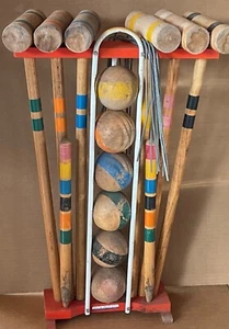 Vintage Antik South Bend Spielzeug Holz Holz Krocket Set Rasen Spiele Familie Holzhammer - Bild 1 von 9