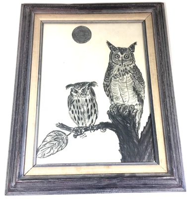 Original Dibujo a Lápiz Grabado Búho y Descendencia Por Luke Marco Madera De México Foto 1 de 4