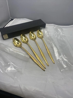 Cosmos Stainless Japan Gold Accent 4 Piece Long Handle Iced Tea Spoons 7.5” New - Image 1 of 4