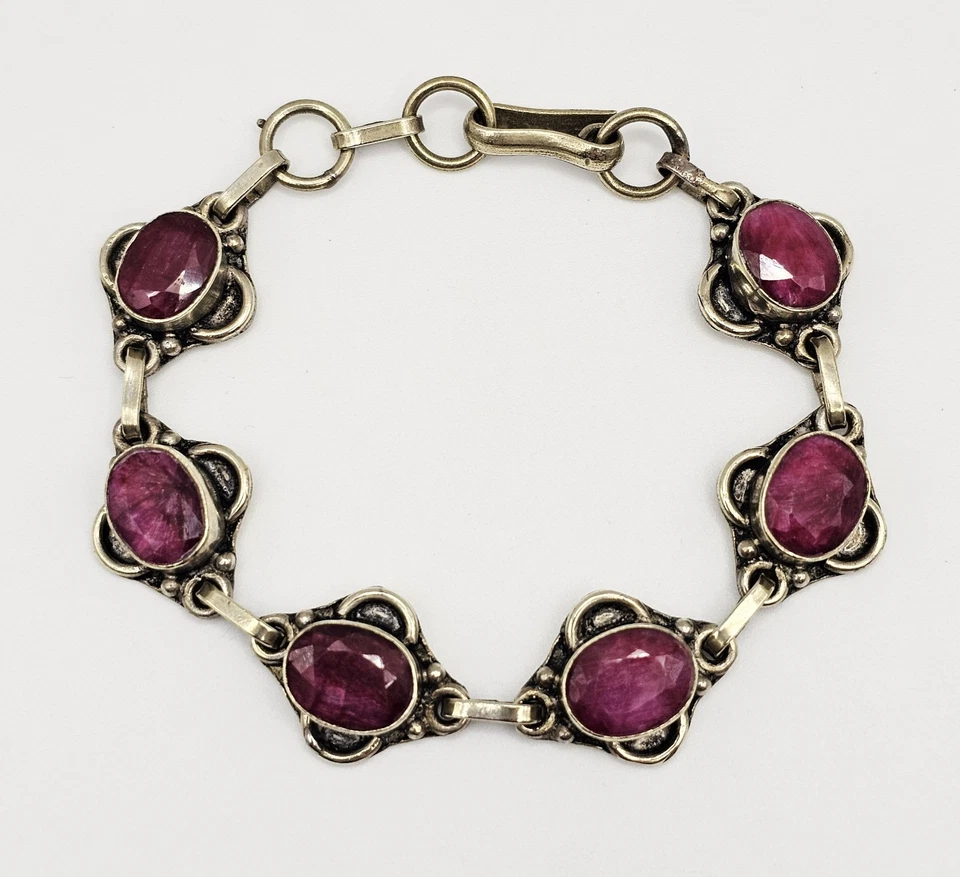 Vintage Natural Ruby Gold Sterling Silver Link Bracelet Native Art Deco - Image 1 of 4