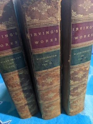 RARE SET OF 3 ANTIQUE LEATHER BOUND BOOKS "WASHINGTON IRVING" VOLUME l ll lll - image 1 of 4