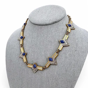 J Crew Art Deco Necklace Blue Clear Rhinestone with Mixed Metal Geometric - Picture 1 of 7