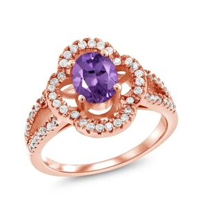 1.52 Ct Oval Purple Amethyst 18K Rose Gold Plated Silver Ring - Picture 1 of 4