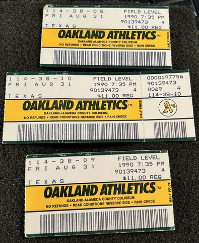 1990 Oakland A's Rangers 3 Ticket Stubs 8/31 Dennis Eckersley 40th Save Bash Bro Cover