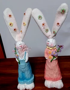 Set of 2 Easter Bunnies Rabbits Retro Bendable Ears - Picture 1 of 4
