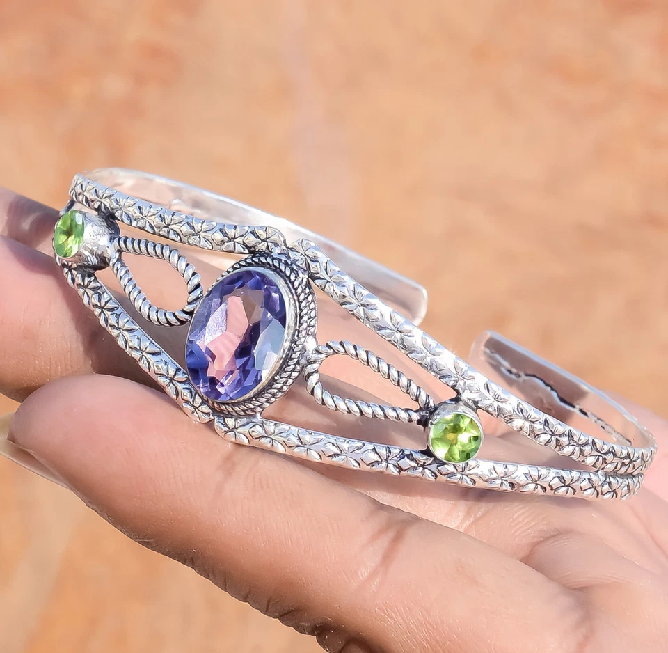 Amethyst Oval Cut & Peridot Cut Gemstone 925 Sterling Silver Bracelet For Anyone - Image 1 of 4