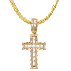 Men's Iced Out CZ Cross Pendant 20 inch Miami Cuban Chain Gold Plated BCH 11447G - Picture 1 of 3