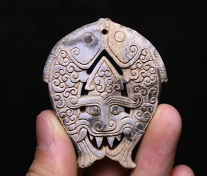 Han-Dynastie alter Jade-Doppelfisch Drache lang Tiergesicht exorzisieren Amulett Anhänger - Bild 1 von 8