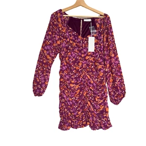 Lush Mini Dress Women Sz M Plum Floral Ruched Long Sleeve V-Neck Pullover Spring - Picture 1 of 4