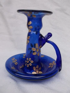 Vintage Hand Blown Blue Art Glass Candle Stick Chamberstick Hand painted NA44 - Picture 1 of 11