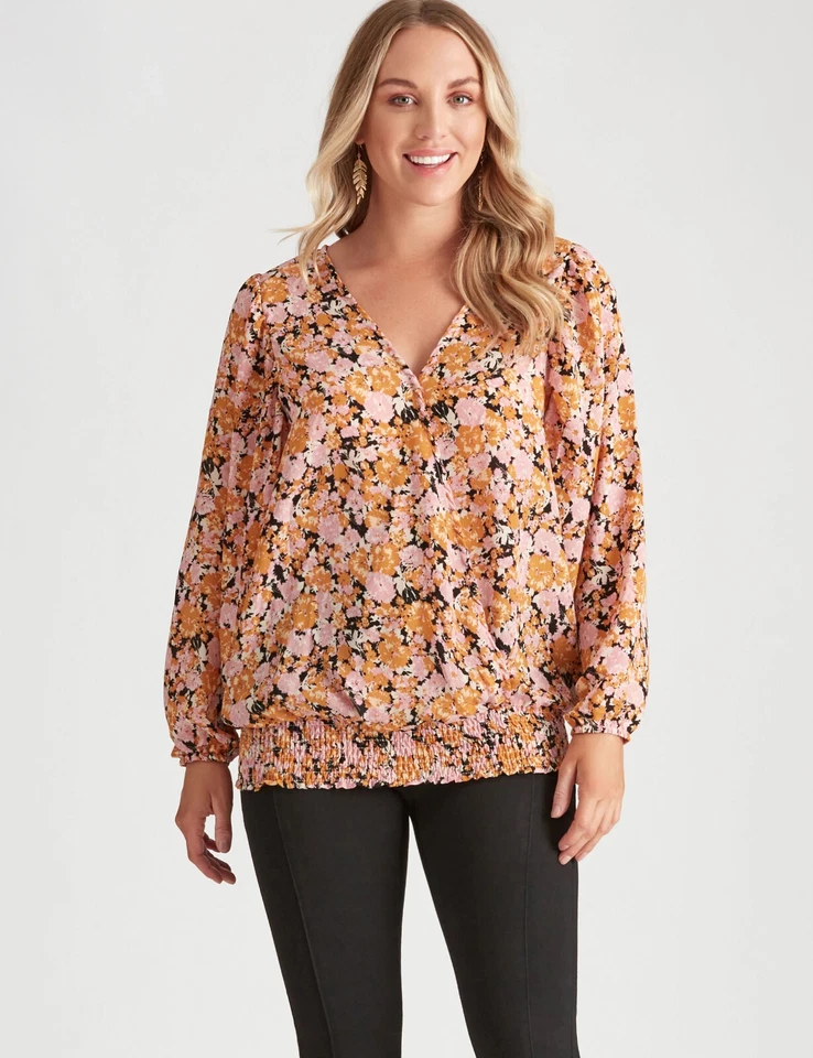Size 14 CROSSROADS Floral Print Long Sleeve Top with Shirred Hem
