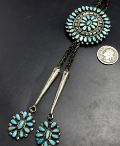 JOHNNY MIKE BEGAY Vintage NAVAJO Sterling Silver TURQUOISE Cluster BOLO Tie TIPS - Picture 1 of 21