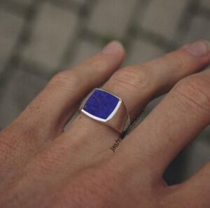 Lapis lazuli men's Signet Ring Sterling Silver Ring Vintage Blue Stone Gold Ring