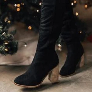Womens Zipper Suede Knee High Booties Pointed Toe Block Heels Fashion Shoes US - Picture 1 of 8