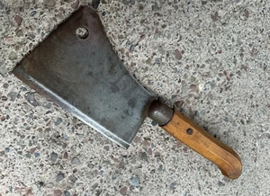 Antique Carbon Steel Butchers Knife Cleaver Wood Handle Rare HTF Unknown Maker - Picture 1 of 18