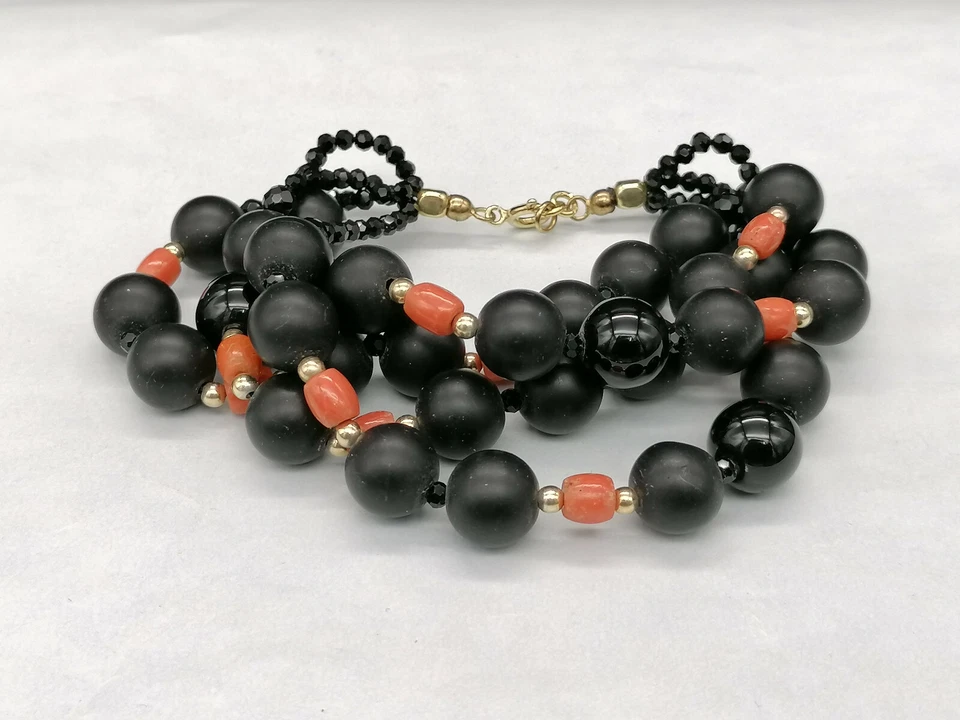 Pulsera Grande De Mujer Ónix Negro Coral Rojo Ágata Plata MADE IN ITALY - Imagen 1 de 4