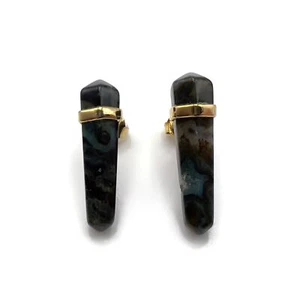 Gold Tone Green Moss Agate Crystal Point Post Drop Earrings .90 Inch - Picture 1 of 12