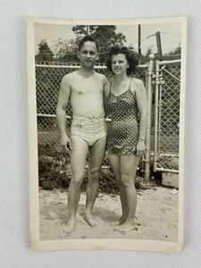 Man Woman Swimsuit Trunk Shirtless Vintage B&W Photograph Snapshot 4 x 6 - Picture 1 of 3