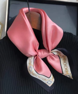 21”x21"Pink Clock Print Pure Mulberry Satin Silk12momme Scarf 53x53cm5-41 - Image 1 of 4