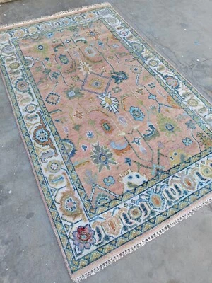Pink & Green with Blue & White Hand Knotted Oushak Wool Rug 5X8, 6X9, 8X10, 9X12 - Image 1 of 4