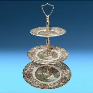 Vintage Johnson Bros Mill Stream 3-Tier Tidbit Cupcake Stand Ironstone England - Picture 1 of 12