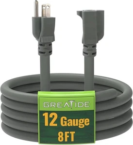 8 Ft Outdoor Extension Cord - 12/3 SJTW Heavy Duty Grey 8 ft,  - Picture 1 of 7