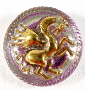 Vintage Czech Glass Iridescent Mirror Back Raised Pegasaurus Glass Button 7/8" - Picture 1 of 4