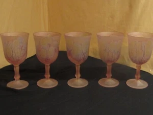 Set of 5 SCHOTT ZWIESEL Germany Frosted Art Drip Wine Glasses Pink 6 1/4" - Picture 1 of 6