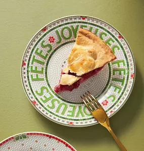 Anthropologie Festive Bistro Tile Stoneware Dessert Plate "Joyeuses Fetes" New - Picture 1 of 1