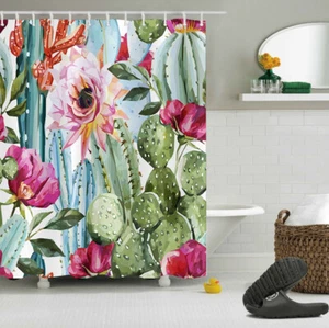Tropical Cactus Flowers Bathroom Fabric Shower Curtain Set w/12 Hooks 60*72inch - Picture 1 of 10