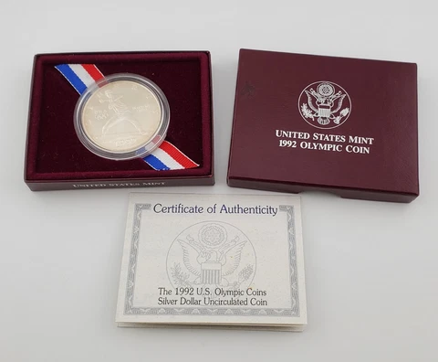 1992 D Olympic Commemorative Silver Dollar 90% Uncirculated Box & COA Cover