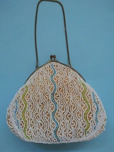 Vintage AB (Japan) Beaded Handbag White Turquoise Green w/Gold Tone Hardware - Picture 1 of 9