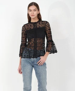 Joie Elli schwarzes Shirt Langarm T0411t1600 XS neu mit Etikett $ 98 Boho ausverkauft gehäkelt - Bild 1 von 13