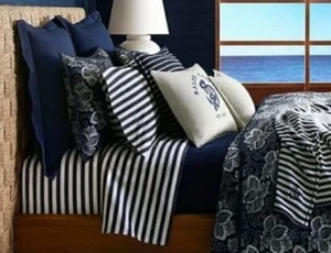 SÁBANA BAJERA RALPH LAUREN DURANT CAMRON RAYAS KING AZUL MARINO MARFIL NUEVA SIN ETIQUETAS - Imagen 1 de 6