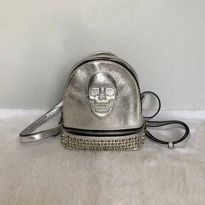 PHILIPP PLEIN Mini Cornelia Silver Crystal Studded Skull Leather Backpack - Picture 1 of 15