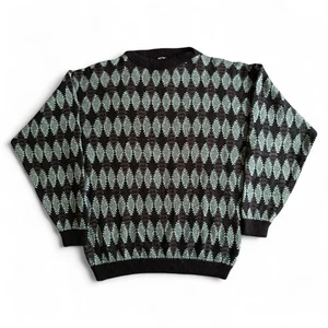Giorgio Armani Vintage 80s Geometric Argyle Diamond Black Wool Boatneck Jumper L - Picture 1 of 15