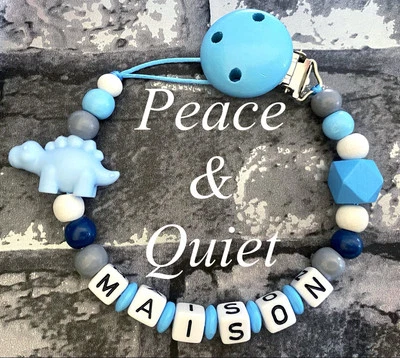 PEACE & QUIET Personalised Dummy Clip | Dummy Chain | White | Blue | Navy | Grey | Dinosaur