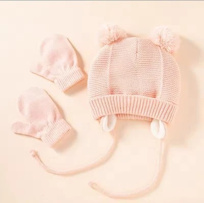 Conjunto de guantes de sombrero trenzado para niños cálido protección para los oídos sombrero de punto para niños Foto 1 de 4