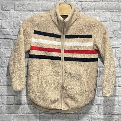 Tommy Hilfiger женщин бежевый в полоску молнии куртка мягкий шерпа Shacket размер средний - Изображение 1 из 4